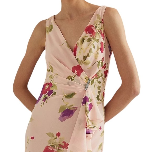 Lauren Ralph Lauren Pink Floral Georgette Gown Gathered Gem Waist Size 2 - Picture 4 of 12